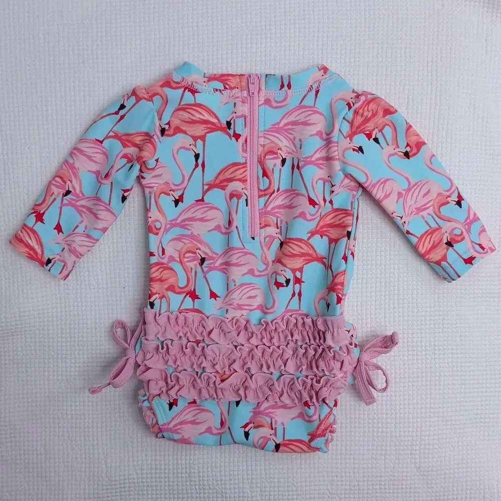 RUFFLEBUTTS Tropical Flamingo Print One-Piece 0-3m Baby Rashguard Ruffles